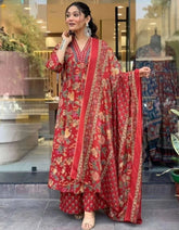 Floral Printed Calf Length Flared Anarkali And Palazzo With Printed Dupatta (Maroon)-HFXMA-K151-MAROON